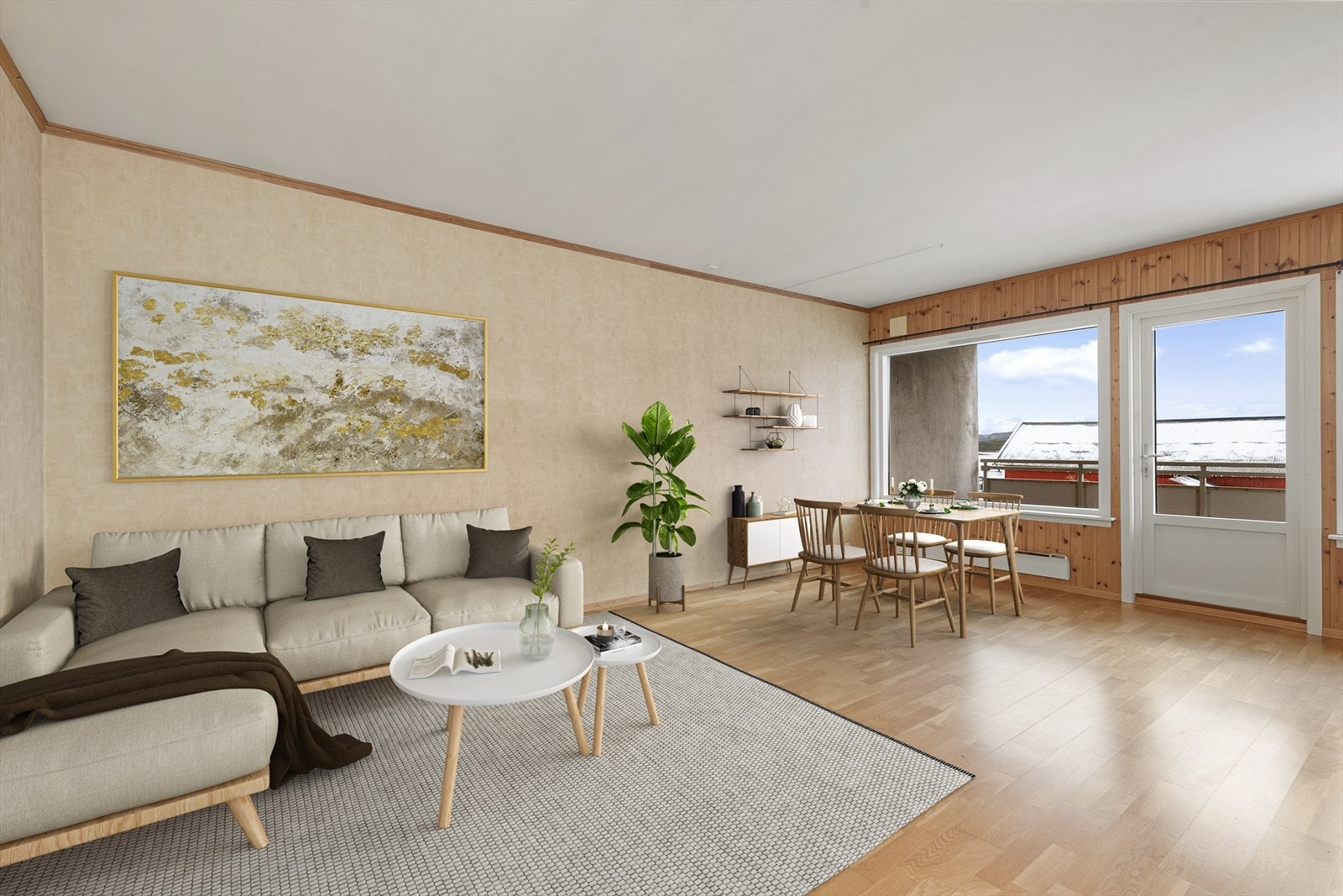 Lun og koselig stue med plass til sofagruppe og spisebord - digitalt møblert foto Galleribilde