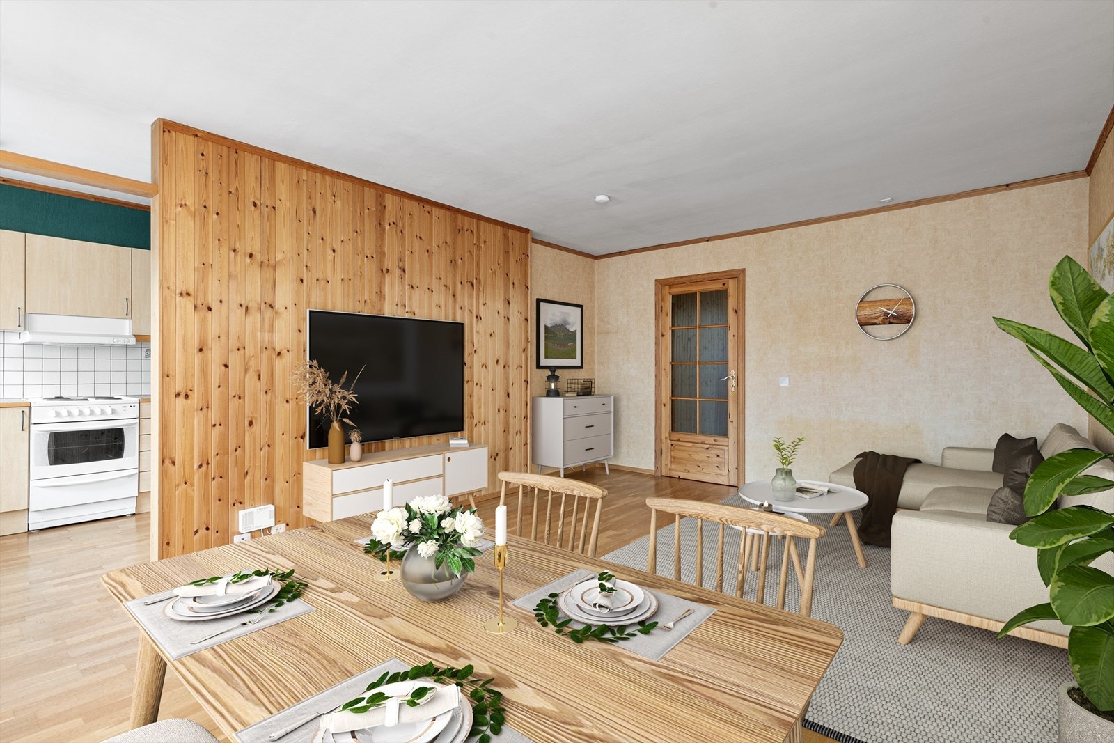 Stue og kjøkken er i delvis åpen løsning - digitalt møblert foto Galleribilde