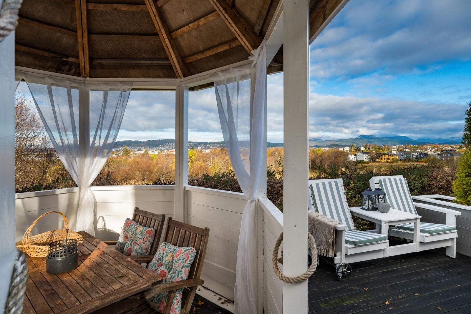 Eiendommen har fine terrasser og uteområder, her med utsikt mot Ålesund. Galleribilde