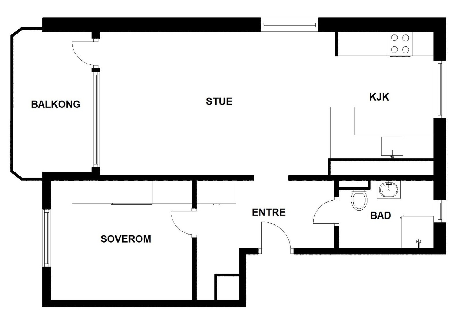 Planskisse. Leiligheten disponerer i tillegg kjellerbod samt skap i tidligere kjølerom. Galleribilde