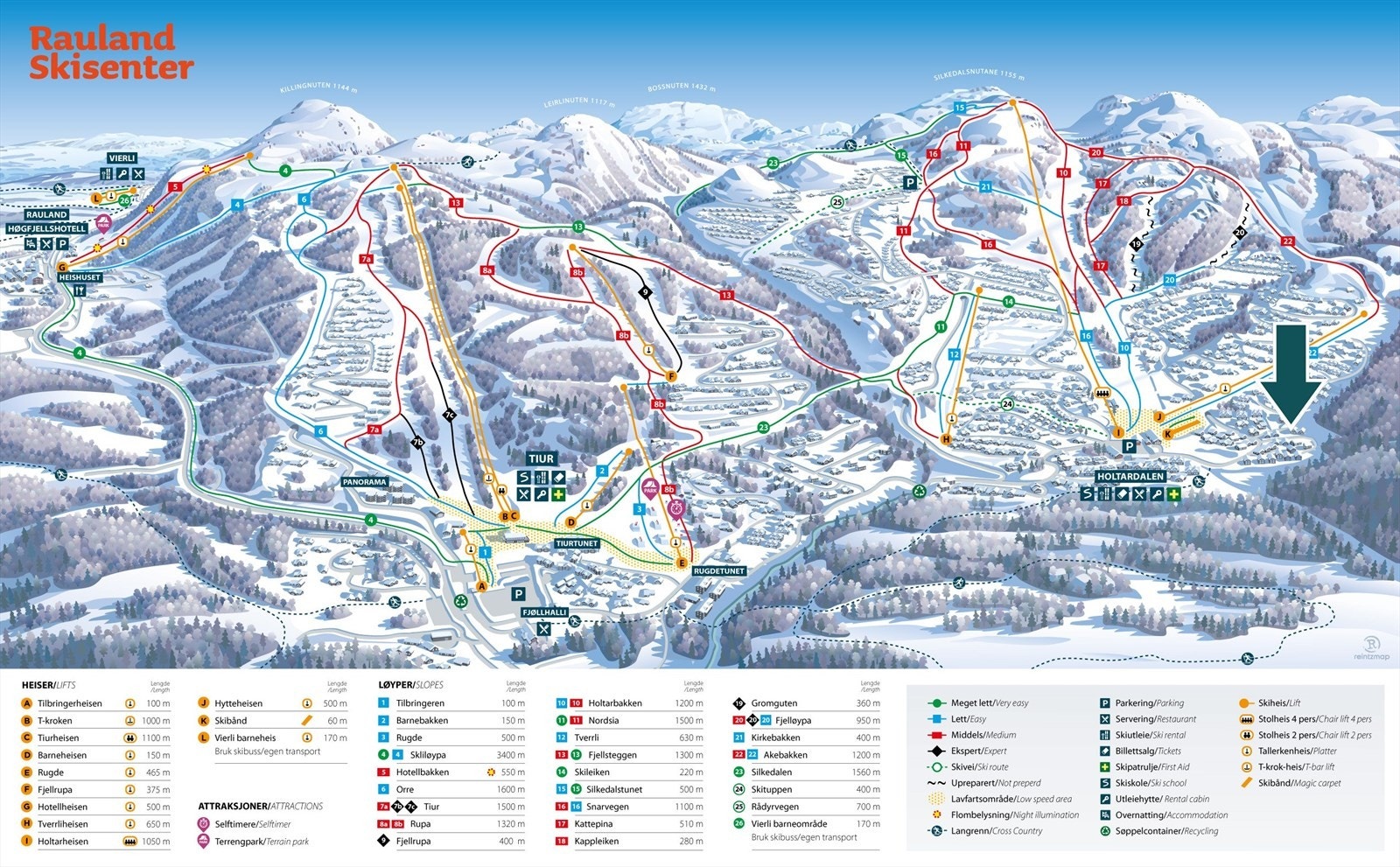 Rauland løypekart. Hytta er markert i kartet. Galleribilde