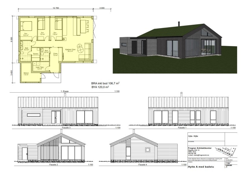 Fritidsboligen tegnet inn med tilvalg for ekstra bad og badstue - dette inngår ikke i standard leveransen. Galleribilde
