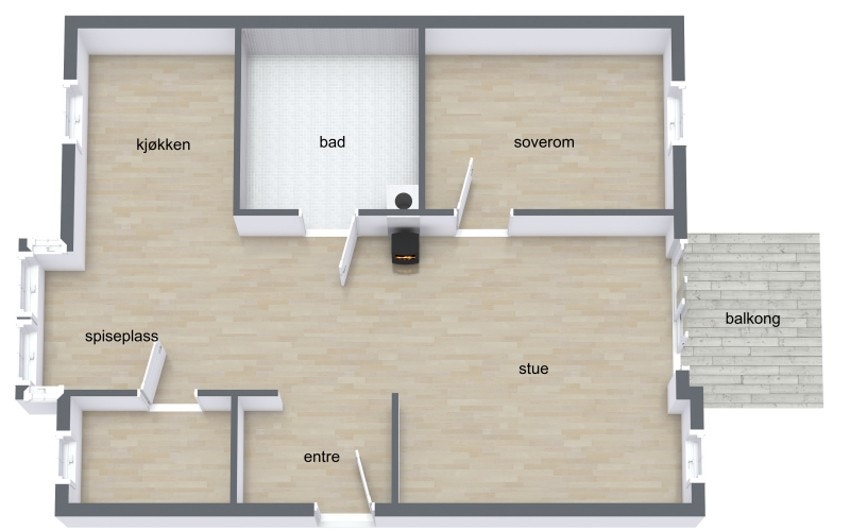 Leiligheten er på 66 kvm og inneholder: entré, stue, kjøkken, bad/vaskerom og 2 soverom. Galleribilde