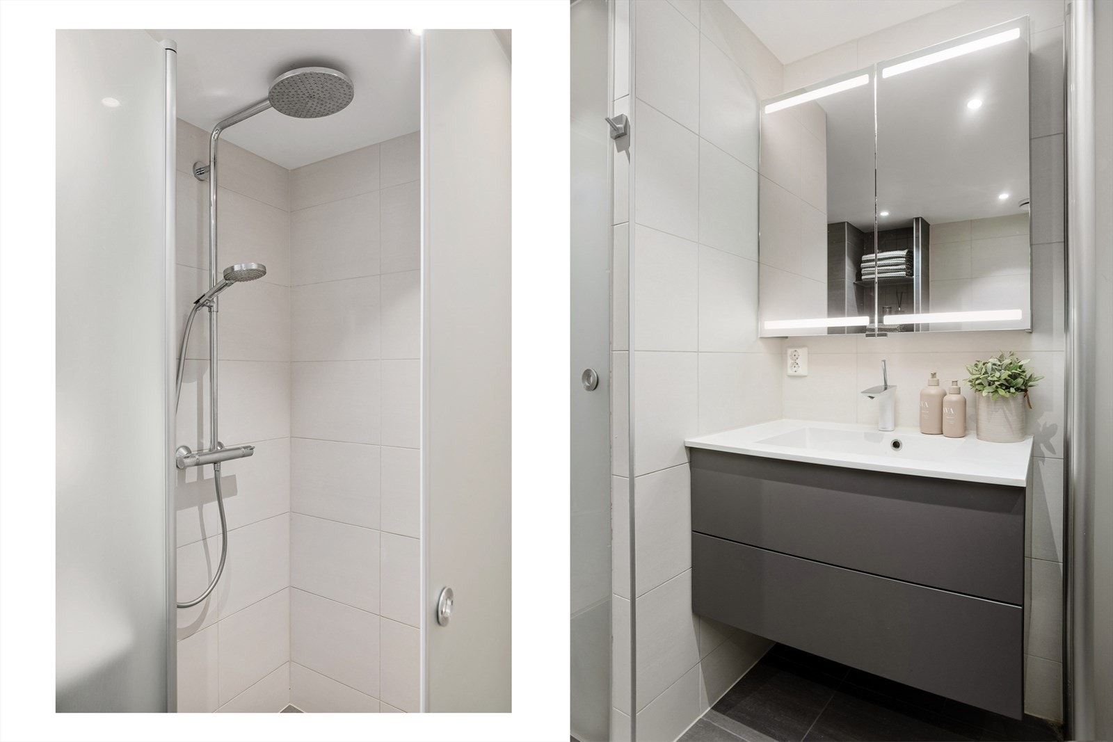 Regnfallsdusj og servant i innredning med lyssatte speil Galleribilde