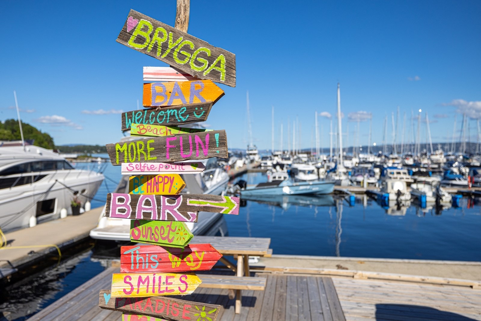 På bryggen finnes både restaurant og bar, samt butikk, treningssenter og café ved marinaen. Galleribilde