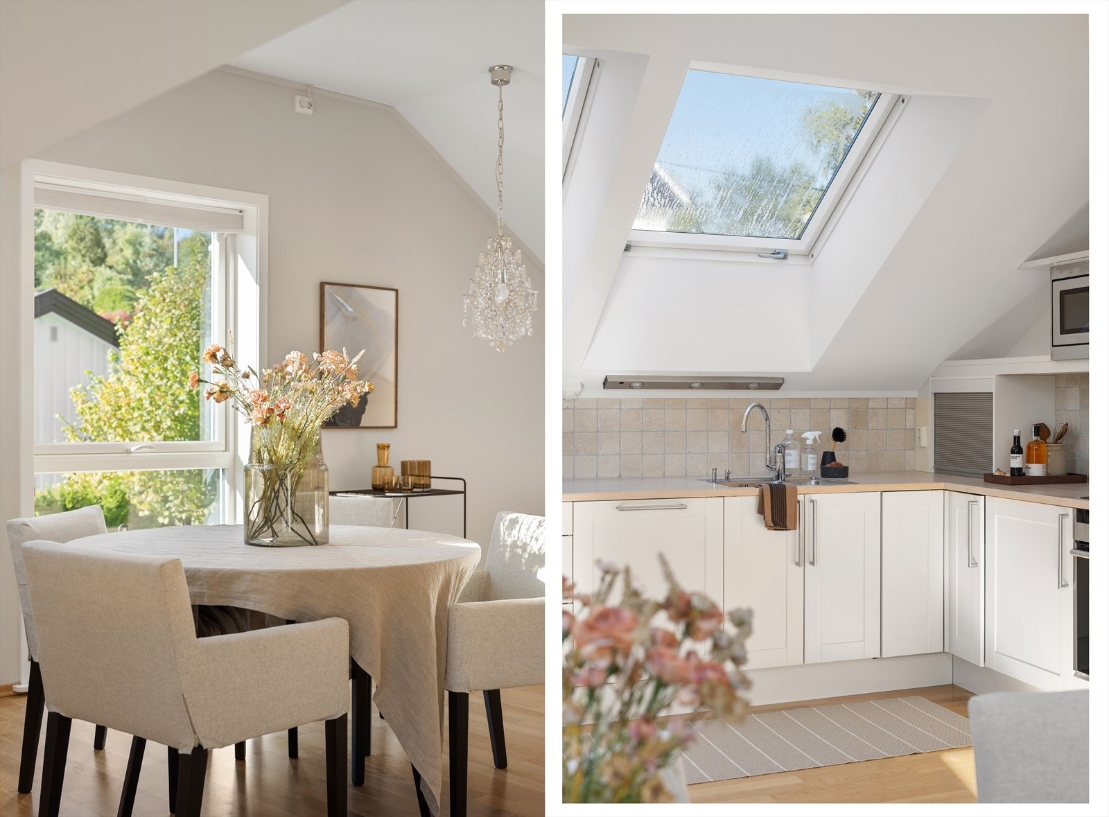 Kjøkkenet har en åpen og pen løsning mot både stue og spisestue, noe som gir en sosial og praktisk planløsning. Innredningen er fra HTH med hvite profilerte fronter, og består av både over- og underskap. Galleribilde