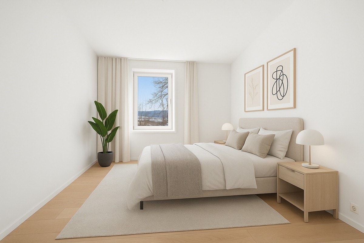 Hovedsoverom med gode lysforhold og plass til stor seng. (bildet er digitalstylet) Galleribilde