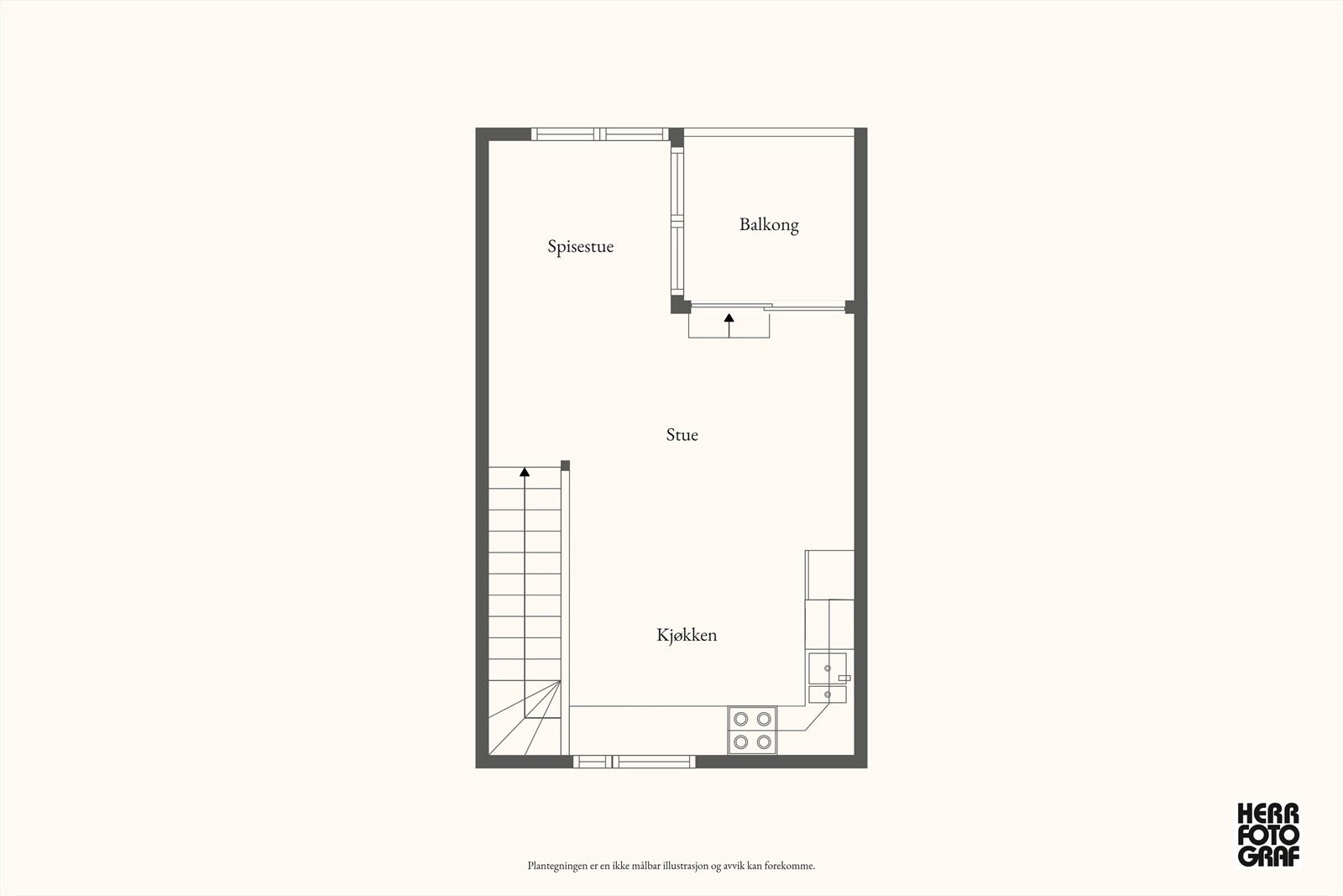 Plantegning stue/kjøkken og balkong. Galleribilde