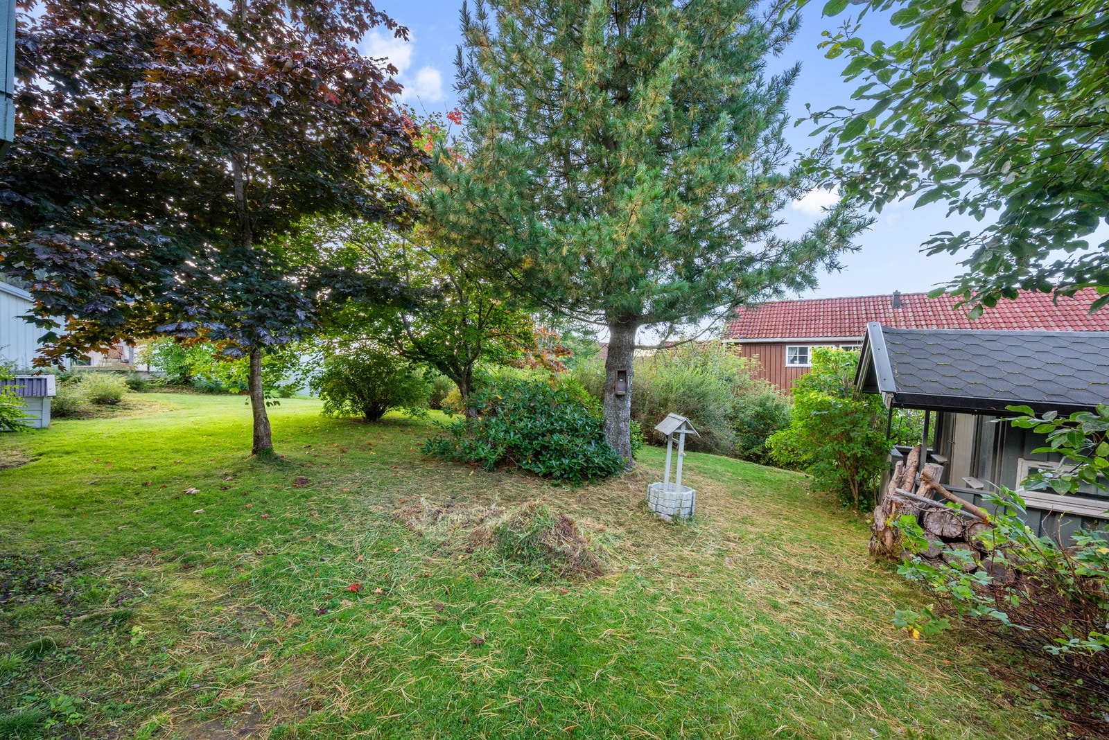 Tomten er pent opparbeidet med gressplen, prydbusker og høye, skjermende trær. Galleribilde