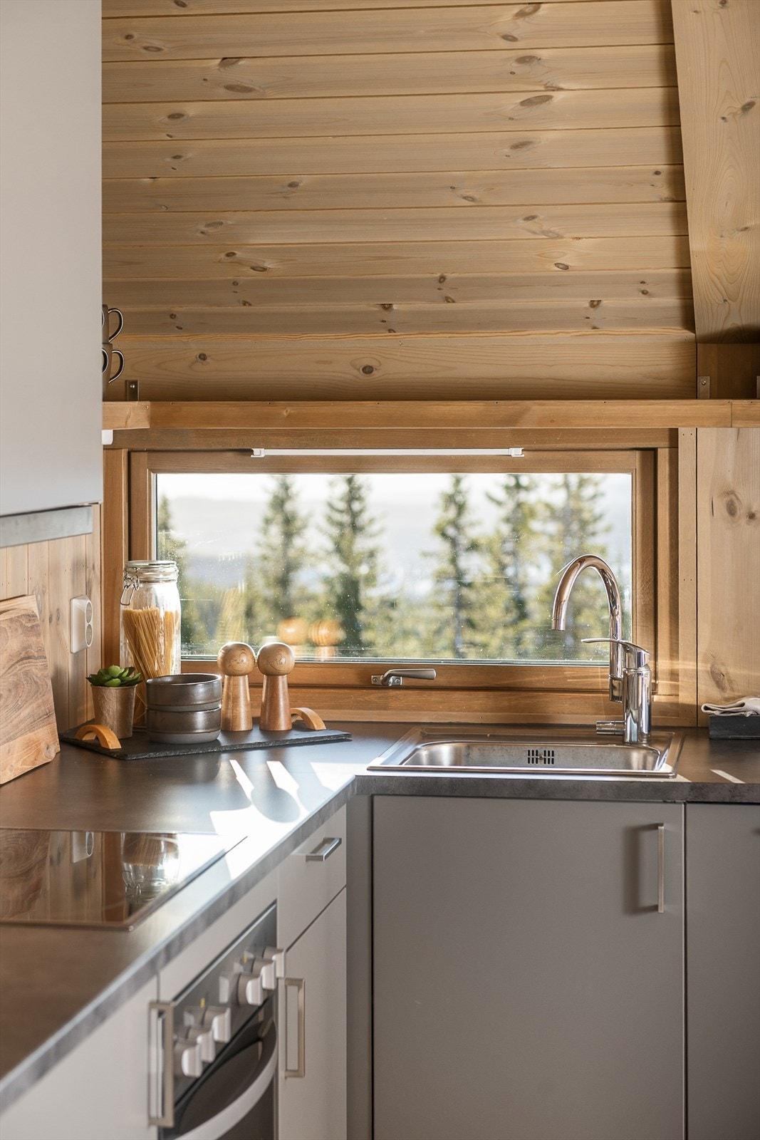 Det kommer fint lys inn over kjøkkenbenken. Galleribilde