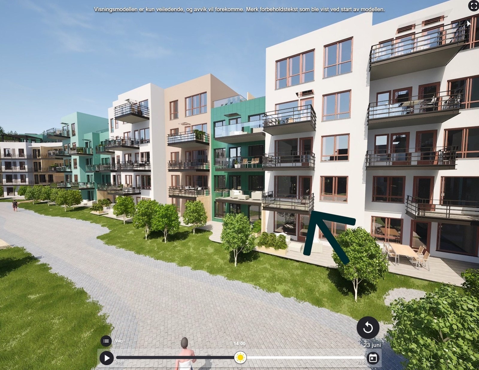 Sydvendt balkong i 2. etg. Omtrentlig plassering. Galleribilde