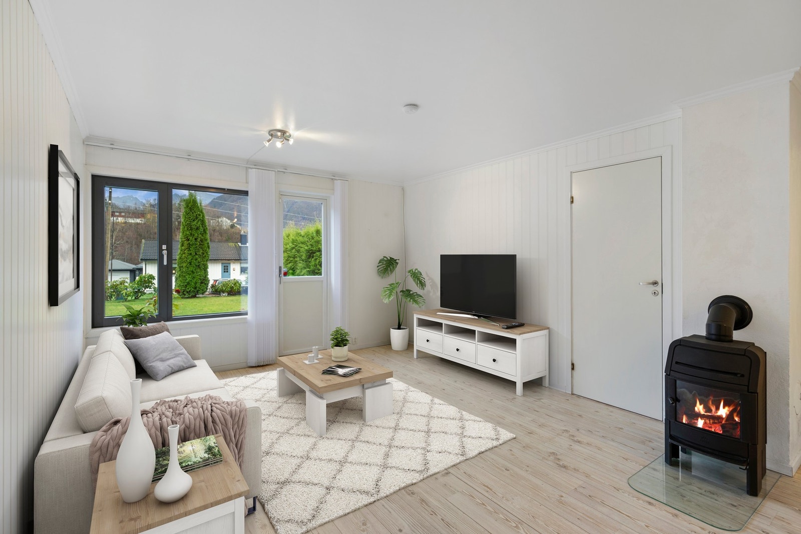 Vedovnen sørger for god varme på kalde vinterdager. (AI-generert interiør). Galleribilde