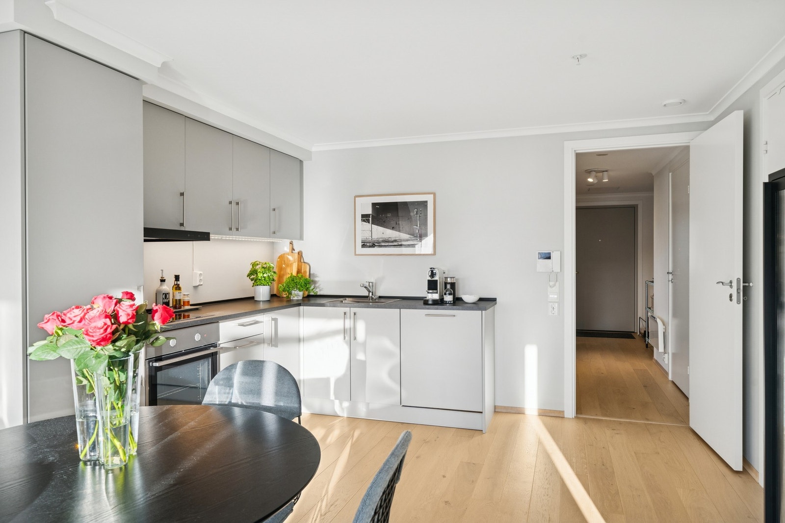 Hvitevarer som induksjonstopp, stekeovn, oppvaskmaskin og kjøl/frys er integrert og medfølger i handelen Galleribilde