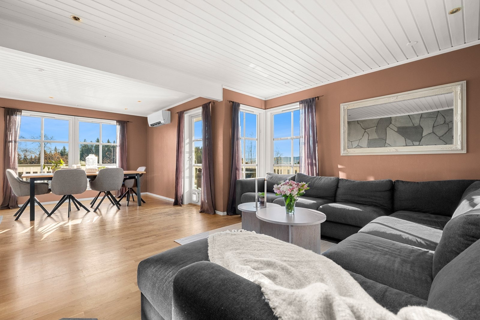 Boligen varmes opp med elektrisitet, vedfyring og varmepumpe fra 2025. Galleribilde