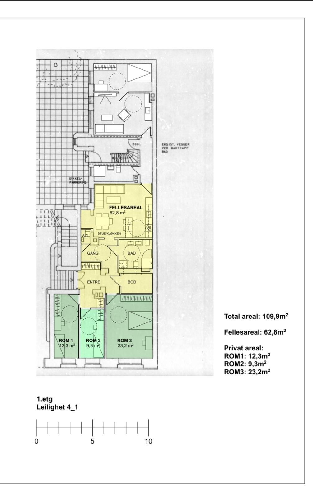 Plantegning ,rom 3 og fellesarealet Galleribilde