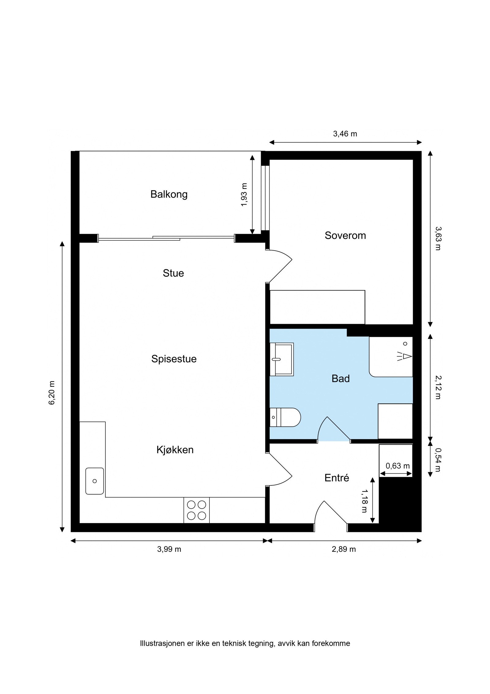 Plantegning. Leiligheten disponerer også en loftsbod på ca. 9 kvm (gulvflate) og kjellerbod på ca. 3 kvm Galleribilde