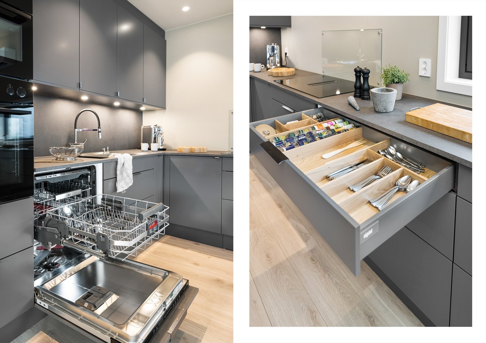 Bestikkskuffinnredning i eik og skufffeinndelere. Oppvaskmaskin med hevbar underkurv Galleribilde