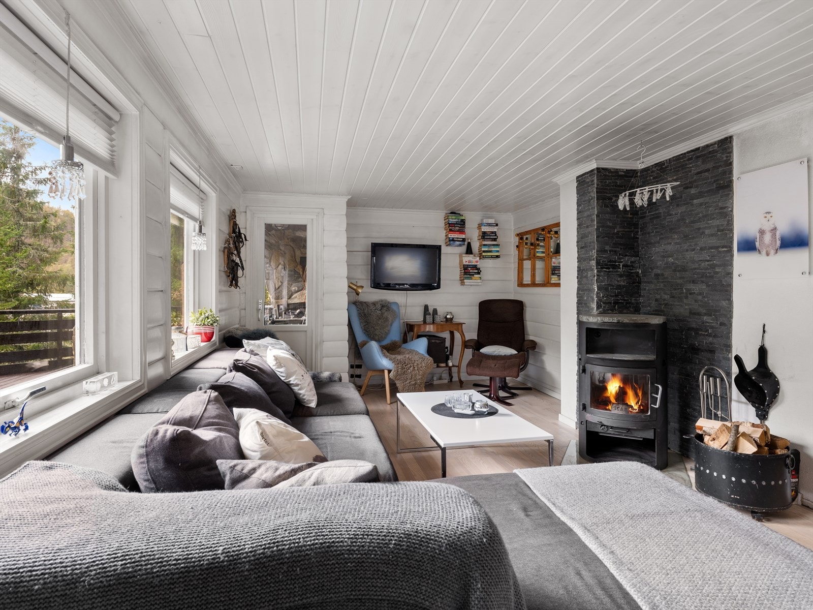 Moderne peisovn for ekstra varme og kos. Lyst og trivelig. God plass til både sofagruppe og godstoler. Galleribilde