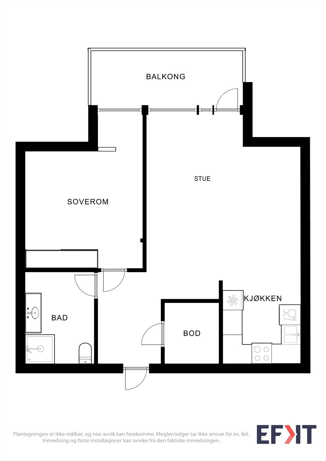 Plantegningen viser en arealeffektiv leilighet på 60 m² med ett soverom, bad og intern bod. Galleribilde
