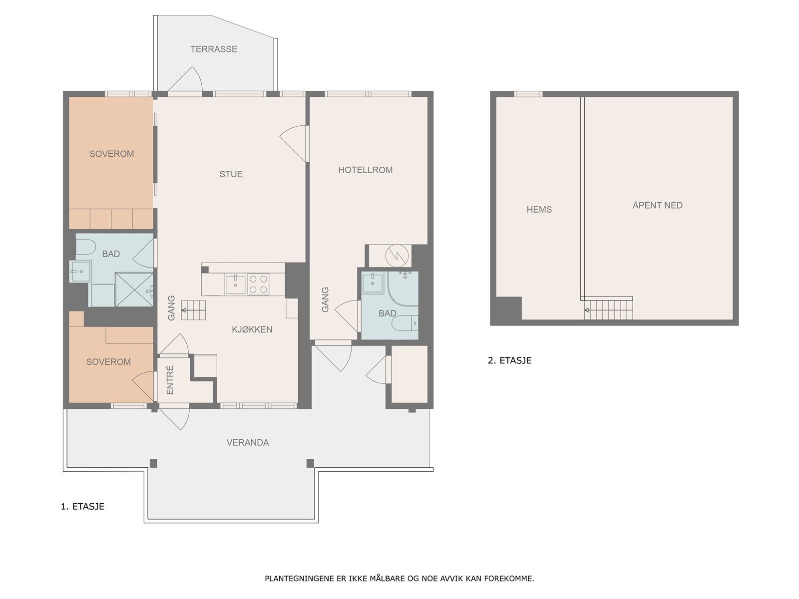 Leiligheten består av to soverom, åpen løsning mellom kjøkken og stue, bad, entre og hems. Hotellrom med bad. Galleribilde