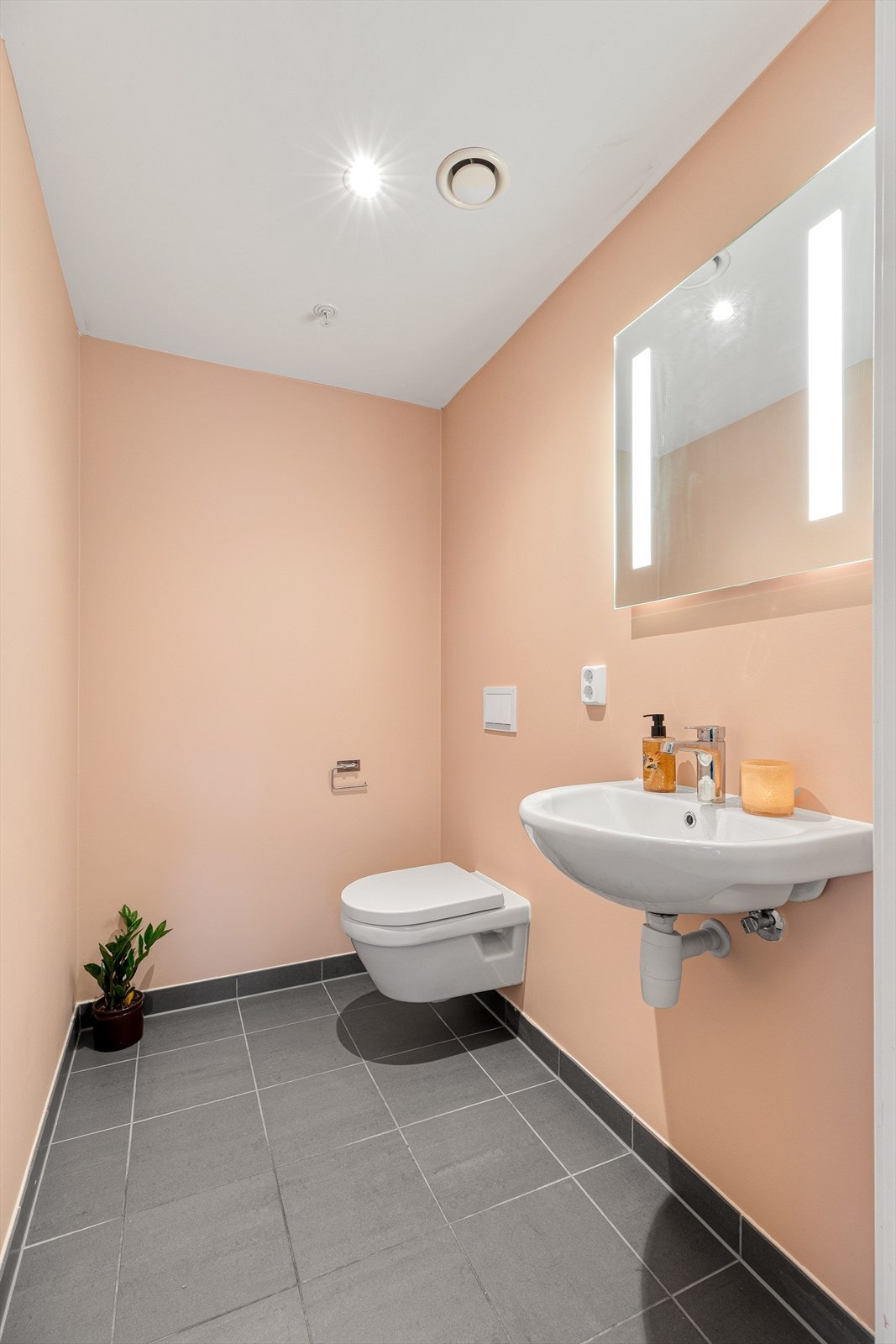 Toalettrom fra byggeår. Flislagt gulvflate med vannbåren gulvvarme. Malte veggflater og malt himlingsflate med downlights. Vegghengt servant og innebygd sisterne med vegghengt toalett. Galleribilde