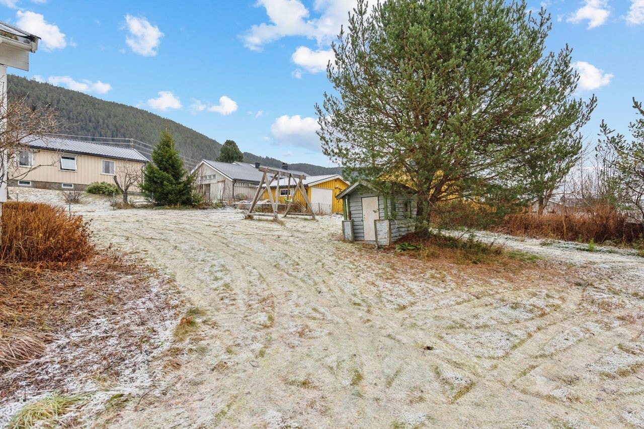 Tomten er opparbeidet med plen og beplantning. Galleribilde