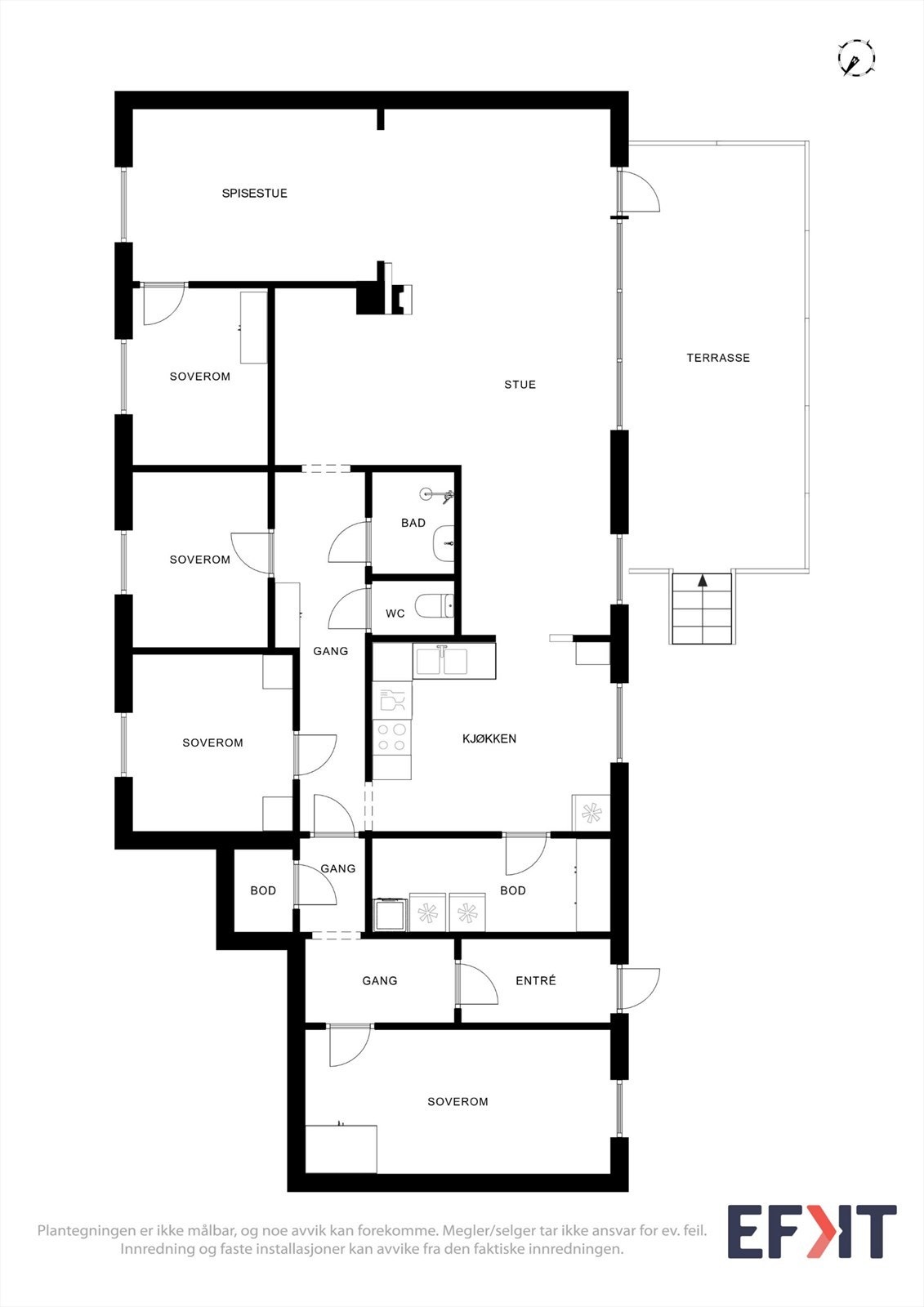Plantegningen viser en praktisk bolig med alt på ett plan, inkludert fire soverom. Galleribilde