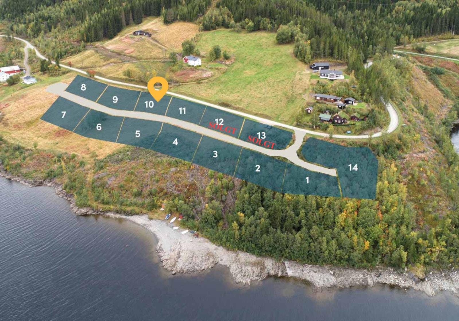 Tomtekart med oversikt over ledige tomter. I annonsen er tomt 10 priset. Galleribilde