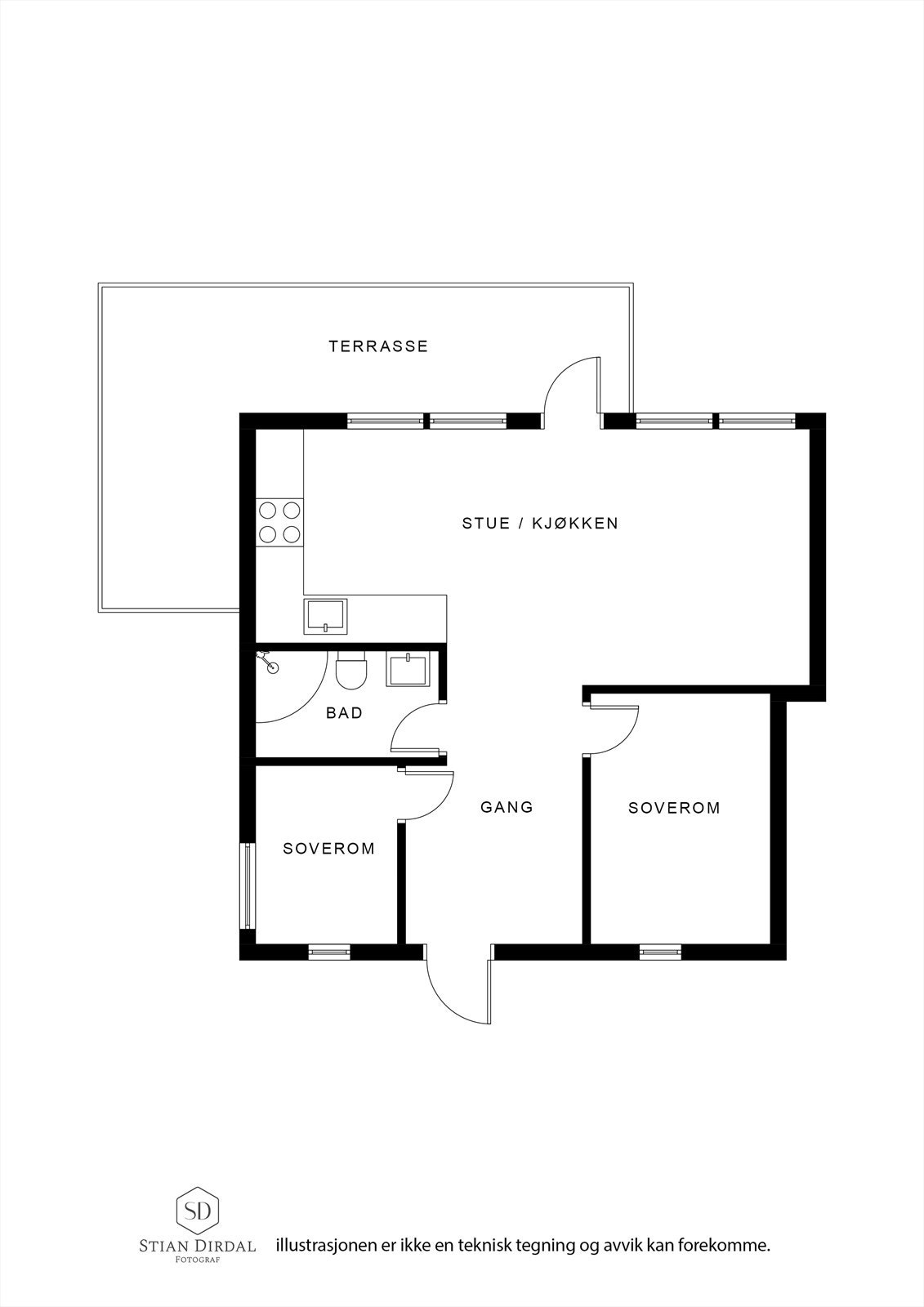 Planløsning som gir mye naturlig lys og gode møbleringsmuligheter. Galleribilde