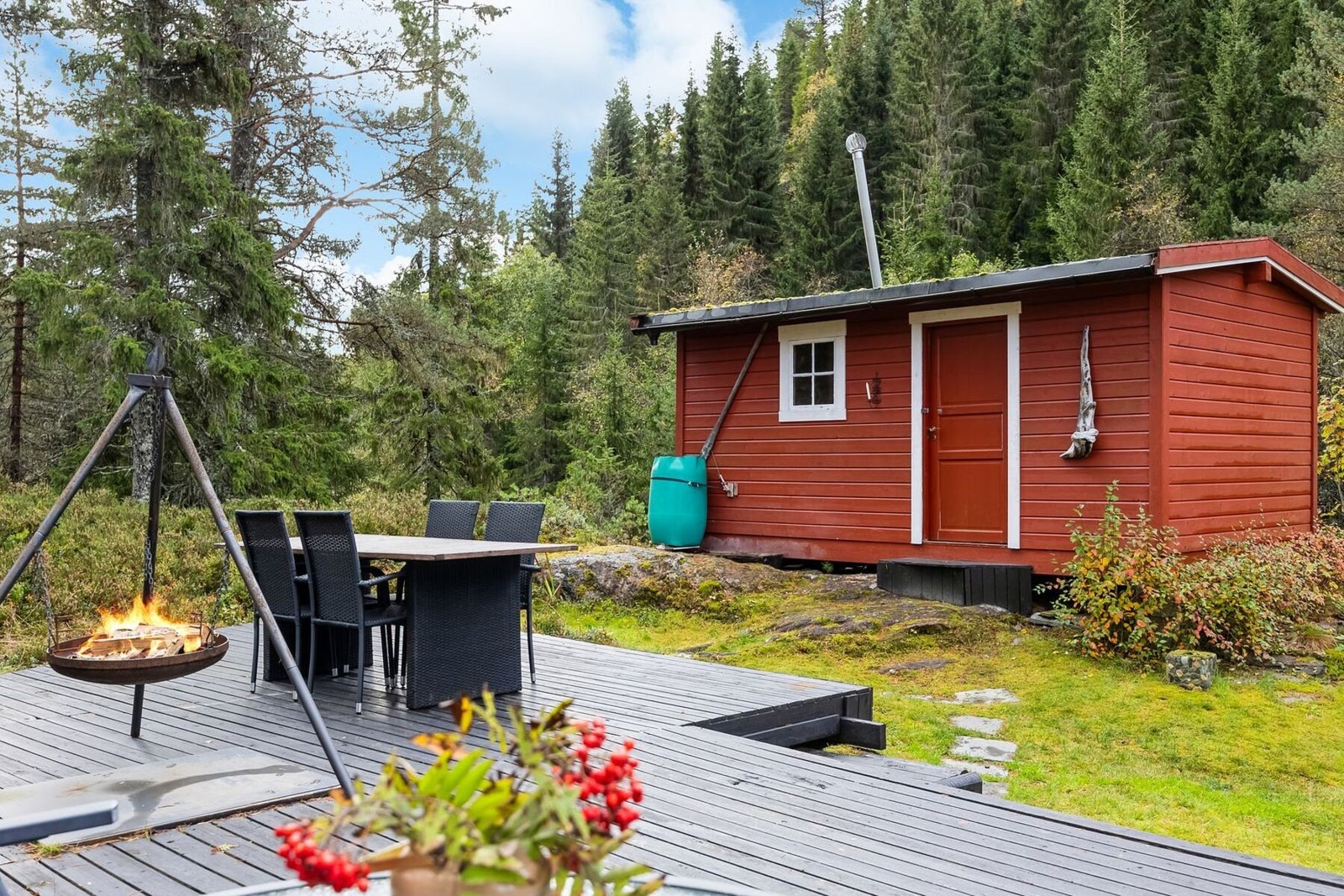Romslig terrasse med plass til avslapning, omkranset av frodig natur og skog som skaper en rolig atmosfære. Galleribilde
