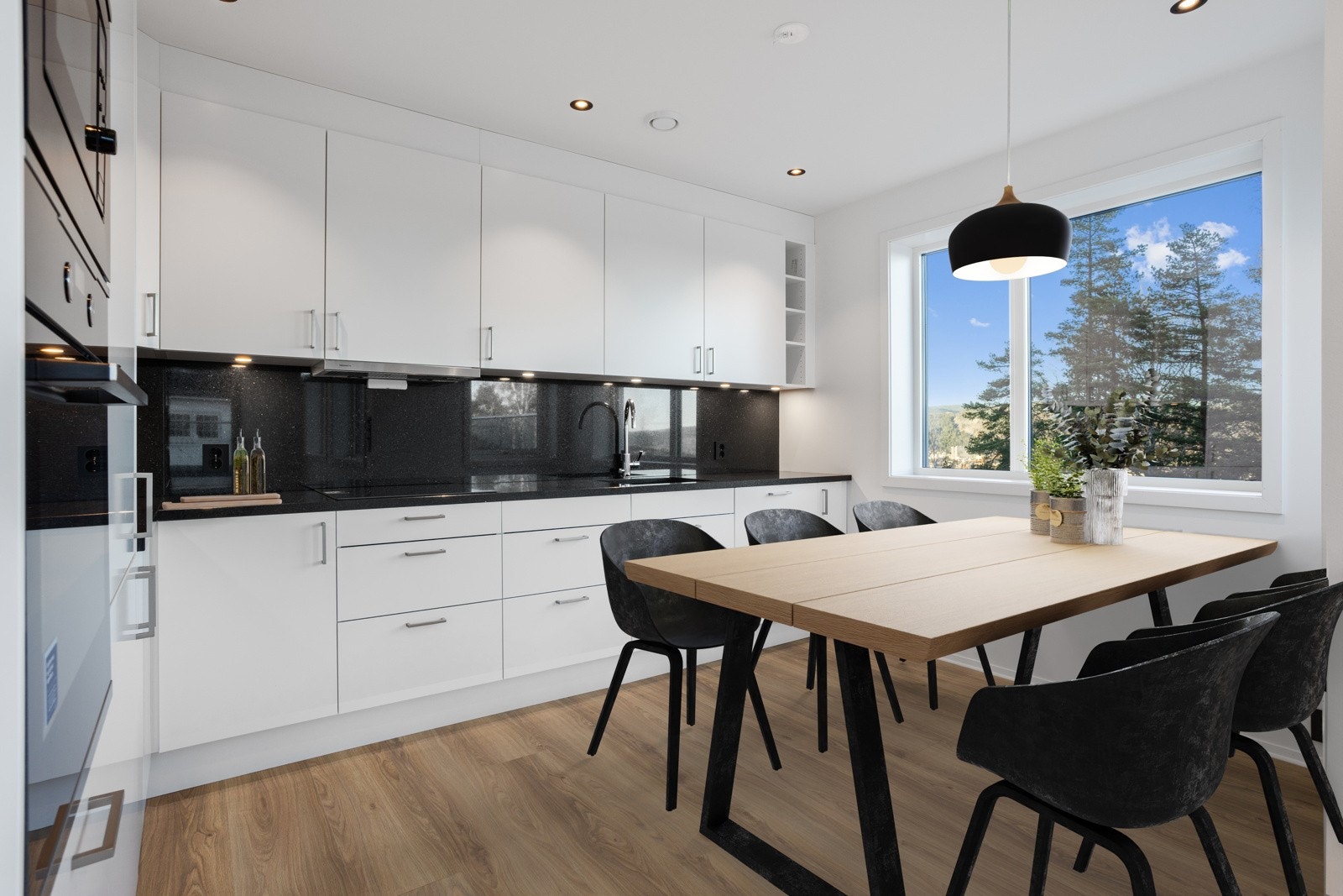 Elegant "Uno Snø" kjøkkeninnredning med fullintegrerte Electrolux hvitevarer | god spiseplass i kjøkken ved vinduet | stein/granitt benkeplater Galleribilde