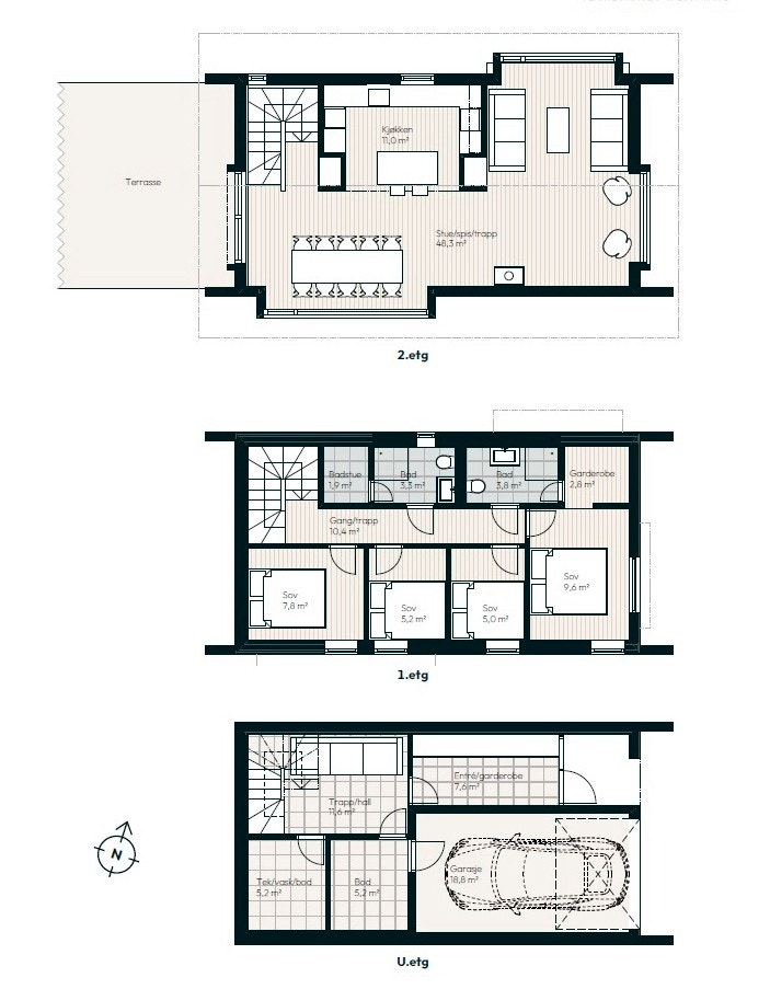 Hytta består av 3 innholdsrike plan med 4 soverom, 2 bad, vaskerom, bod, garasje og et stort og herlig allrom på topplan. Galleribilde