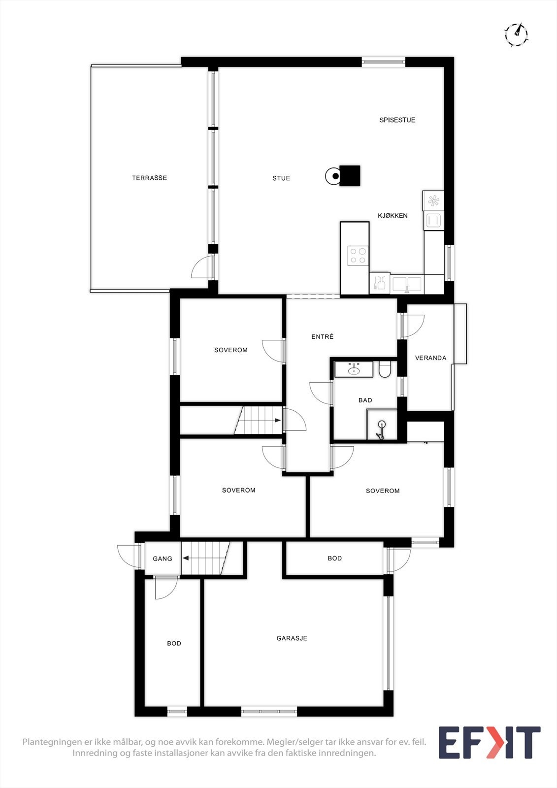 Hovedetasjen har en god planløsning med alt på ett plan, inkludert tre soverom. Galleribilde