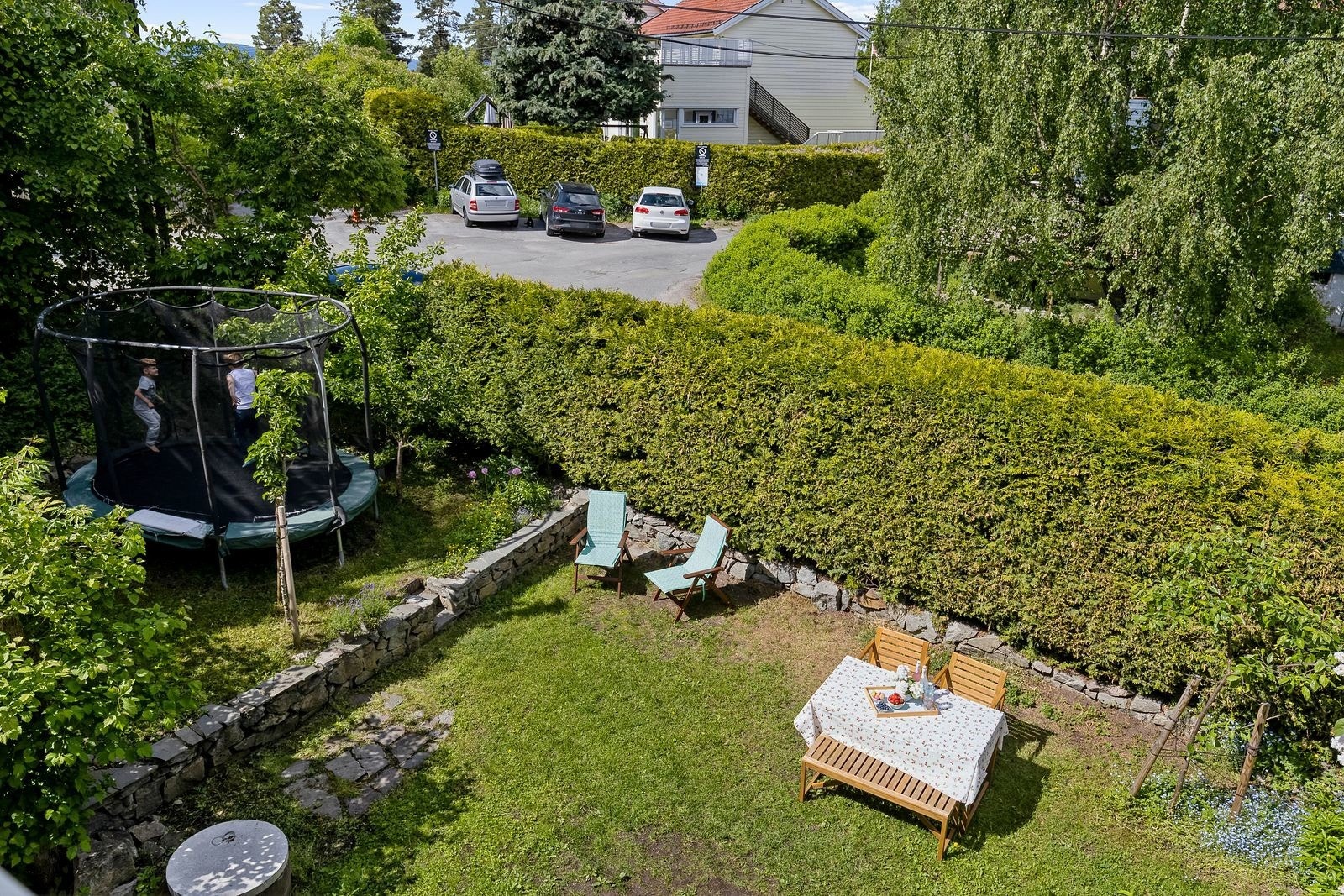 Frodig hage med eple- og plommetrær, rips- stikkelsbær- og solbær. Galleribilde