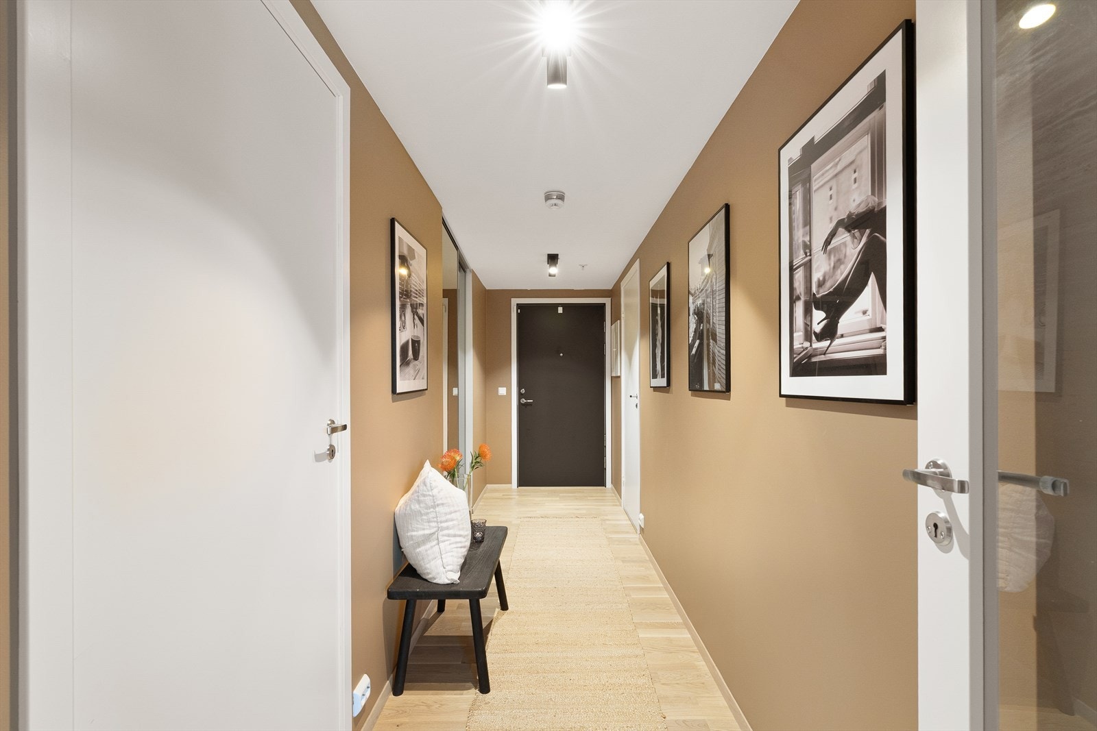 Lys og innbydende gang med stilrene detaljer. Perfekt for å skape et godt førsteinntrykk i hjemmet ditt. Galleribilde