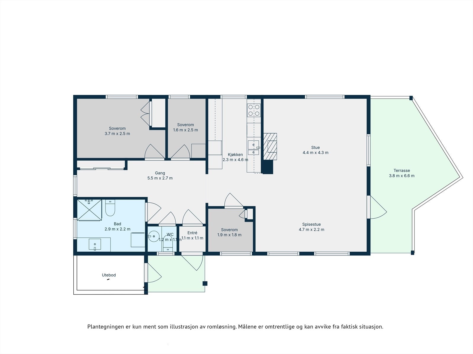 Plantegning med mål. Merk at målene i hvert rom er omtrentlige og kan avvike noe. Galleribilde