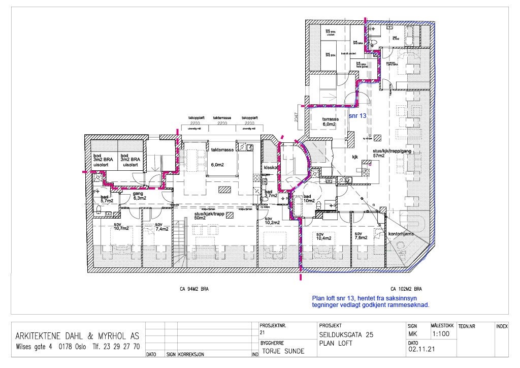Tegningen viser hvordan loftsarealet tenkt bygget ut ift godkjent ramme. Galleribilde