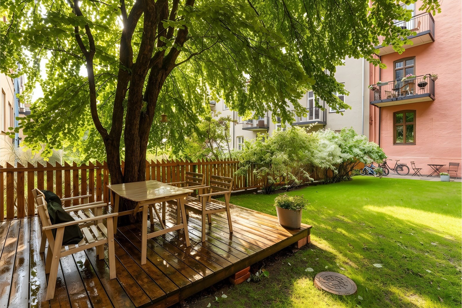 Pent opparbeidet bakgård, med felles sittegruppe til glede for byggets beboere. Galleribilde