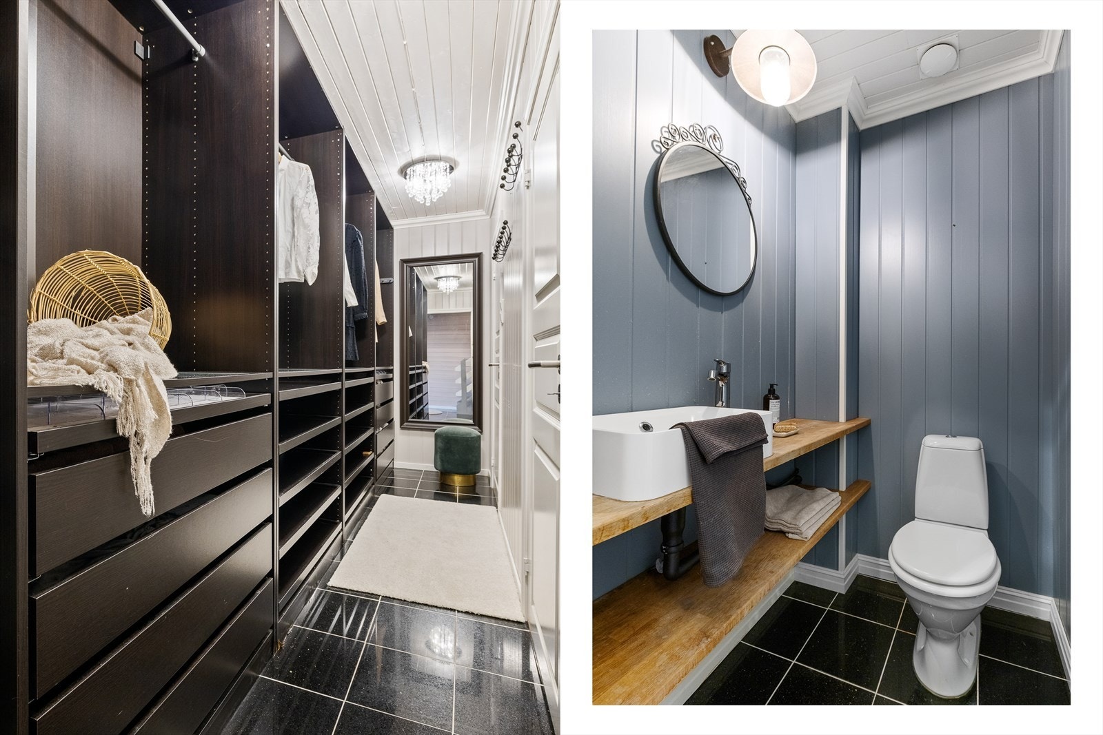 Perfekt med systematisk lagring, samt gjestetoalett. Flisene er gjennomgående inn til toalettet, spesielt praktisk om man har småbarn som løper inn og ut! Galleribilde