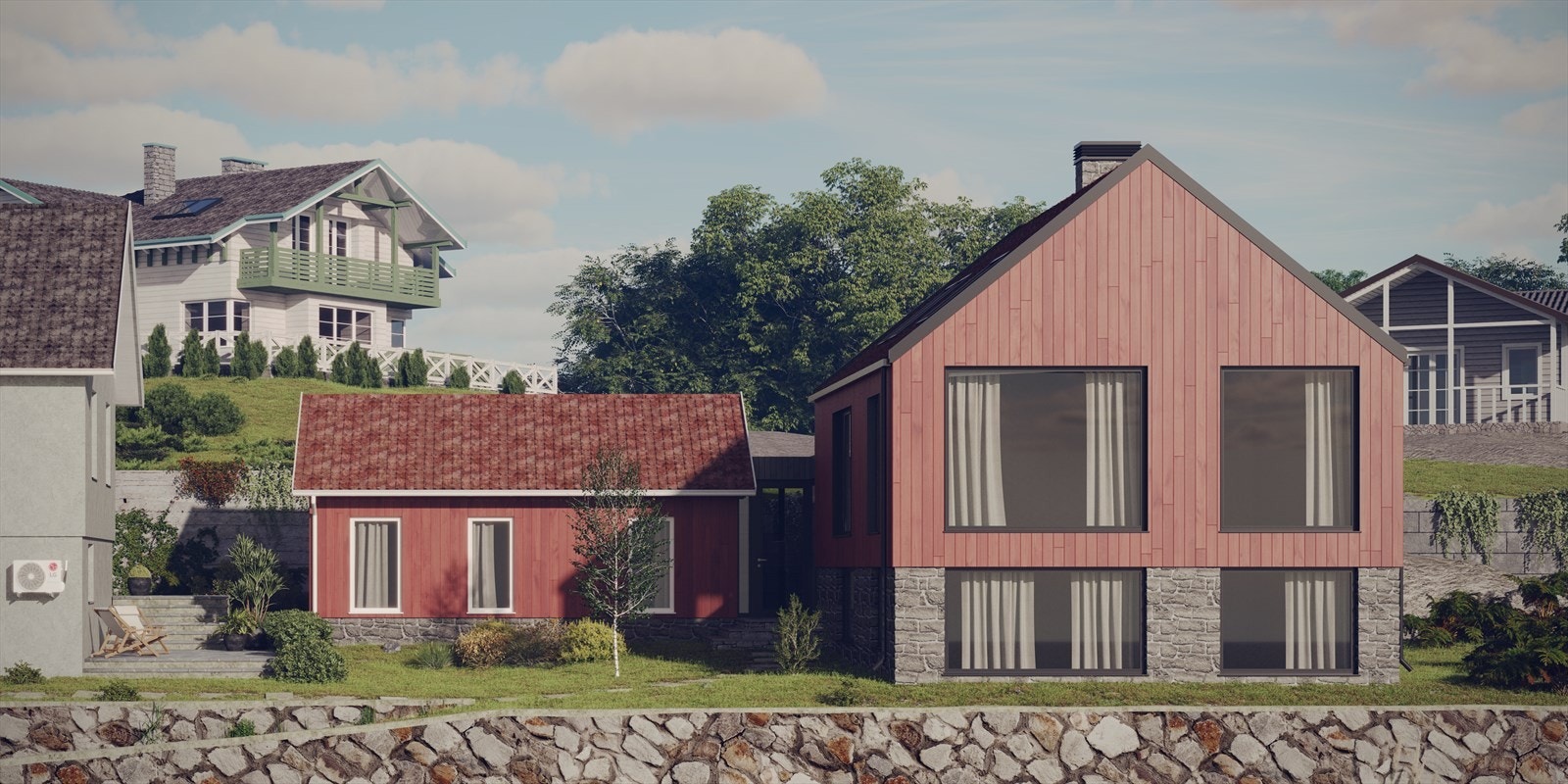 Illustrasjonsbilde fasade i rødt for tegnet bolig- avvik i materiell og endelig utforming vil kunne forekomme. Godkjent plan er førende/gjeldende. Galleribilde