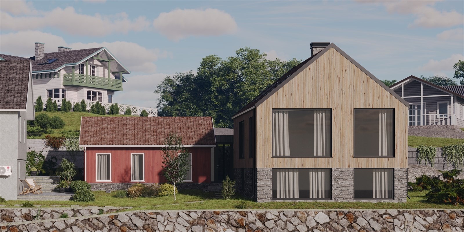 Illustrasjonsbilde fasade i tre for tegnet bolig - avvik i materiell og endelig utforming vil kunne forekomme. Godkjent plan er førende/gjeldende. Galleribilde