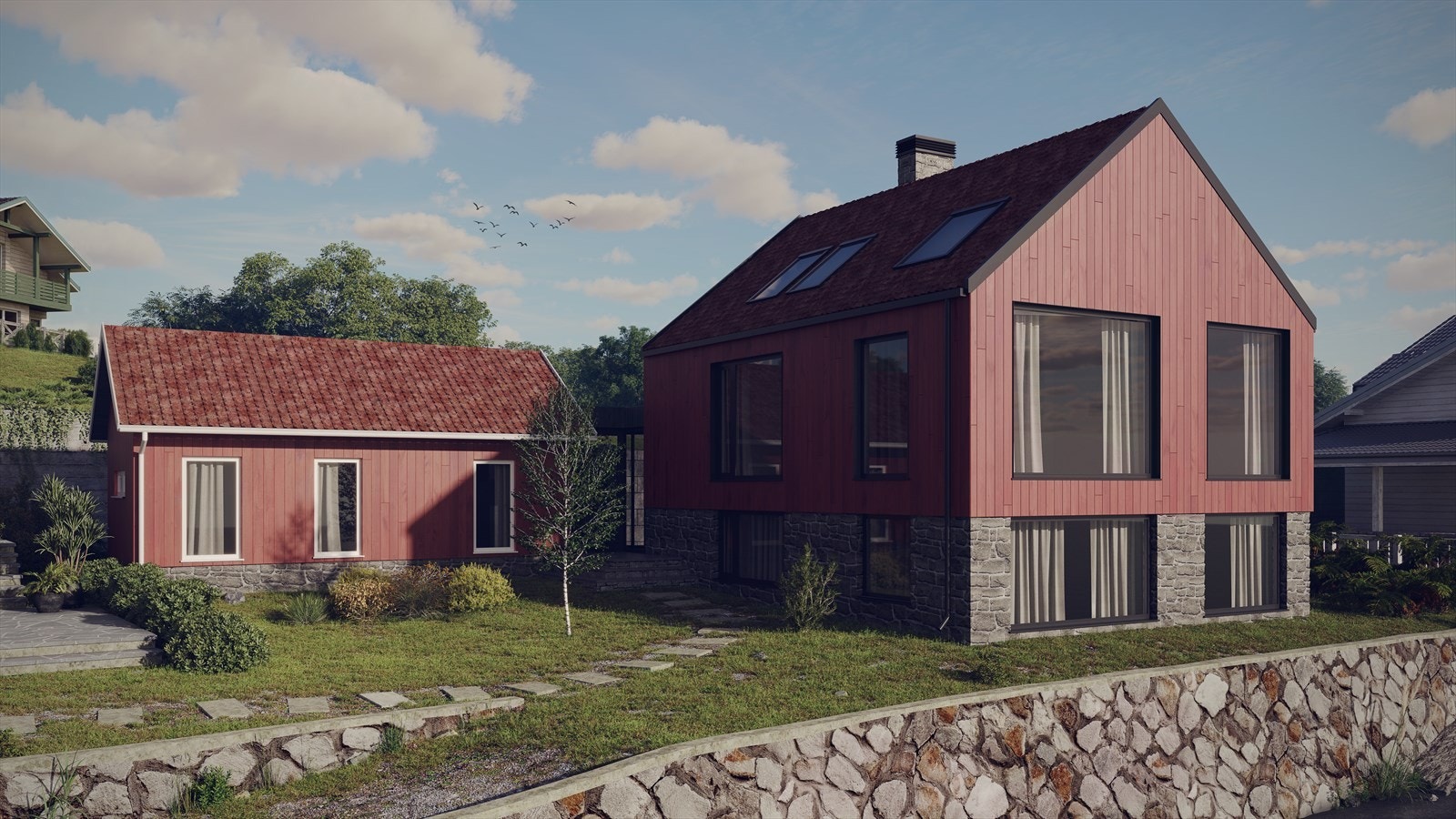 Illustrasjonsbilde fasade i rødt for tegnet bolig- avvik i materiell og endelig utforming vil kunne forekomme. Godkjent plan er førende/gjeldende. Galleribilde