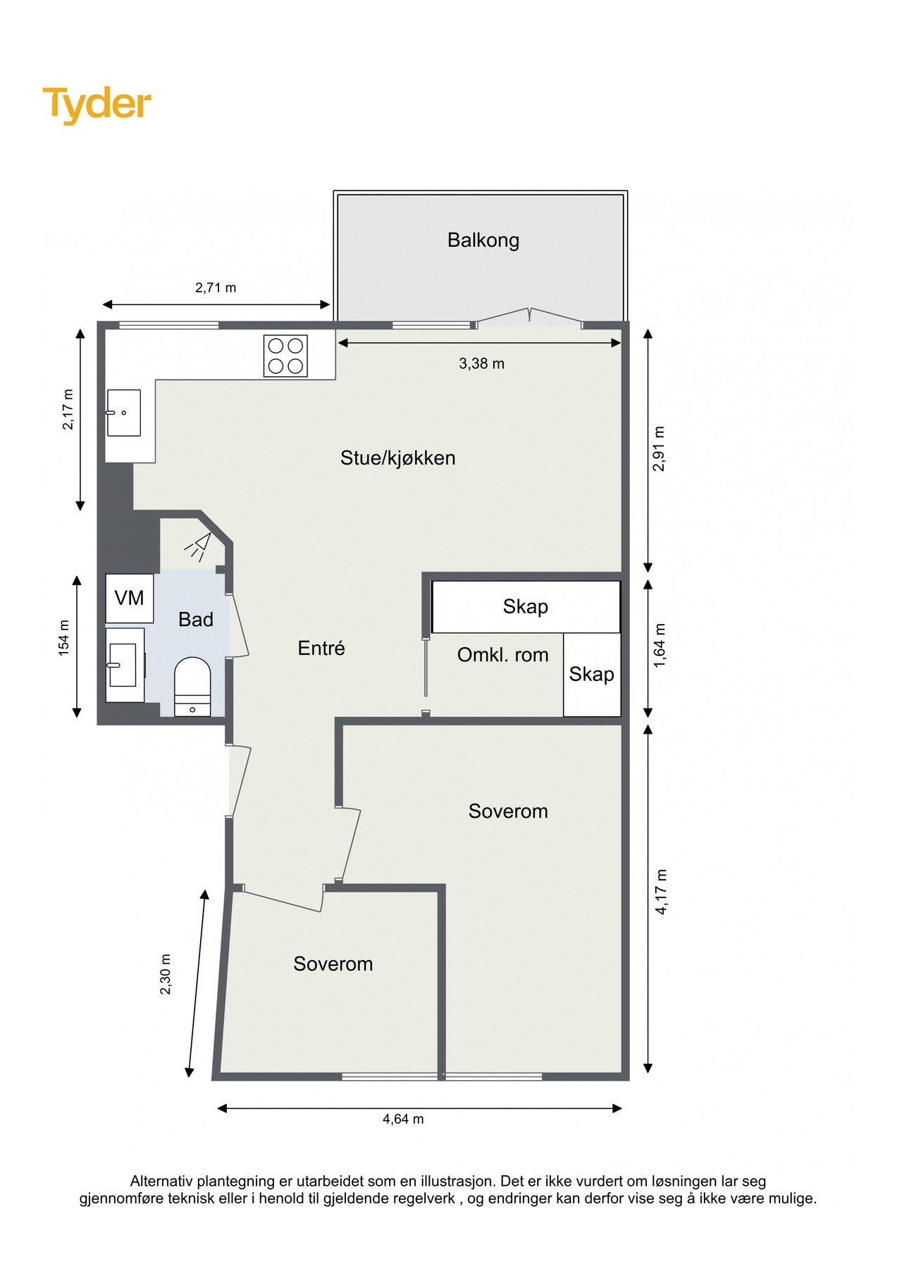 Alternativ plantegning. Mulighet for å gjøre leiligheten om til en 3-roms. Galleribilde