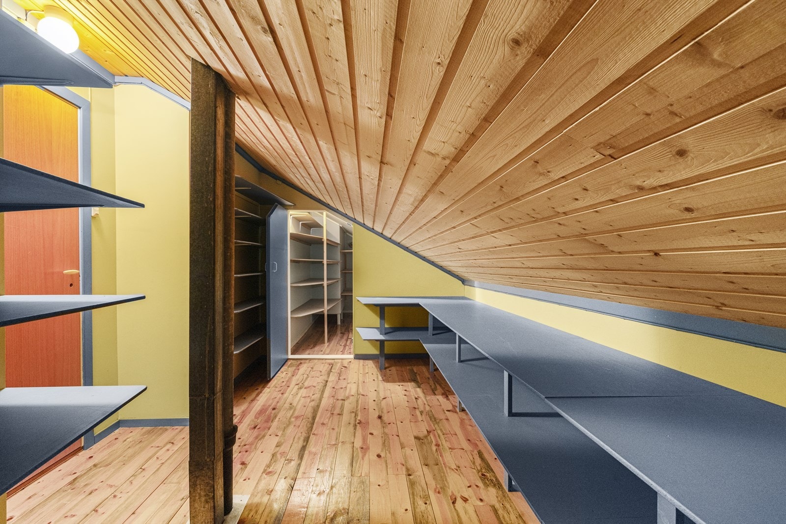 Plassbygd hylleinnredning gir god oppbevaringsmulighet i boden på loftet. Galleribilde