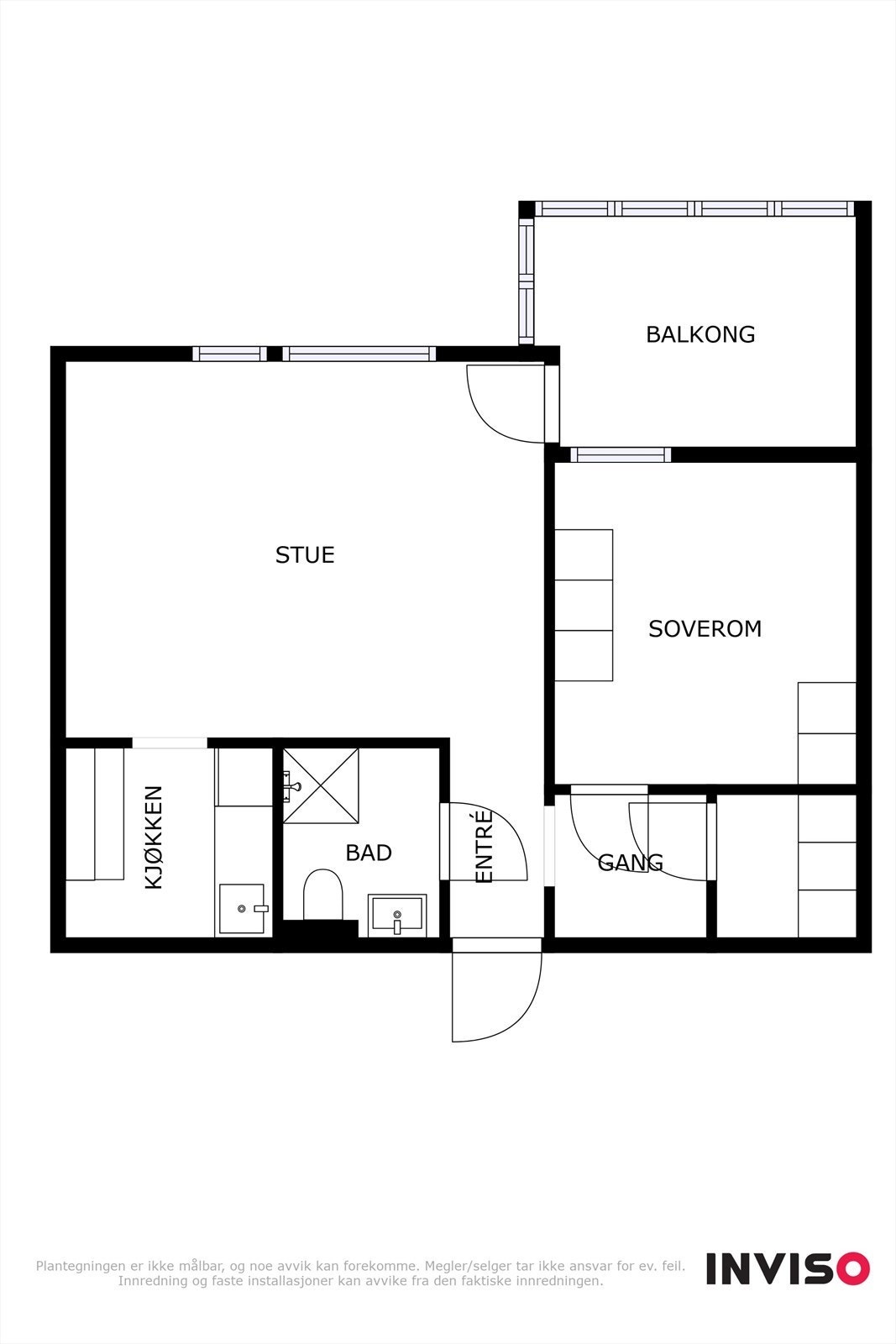 Plantegningen viser en arealeffektiv leilighet med stue, kjøkken, bad, soverom og innglasset balkong. Galleribilde
