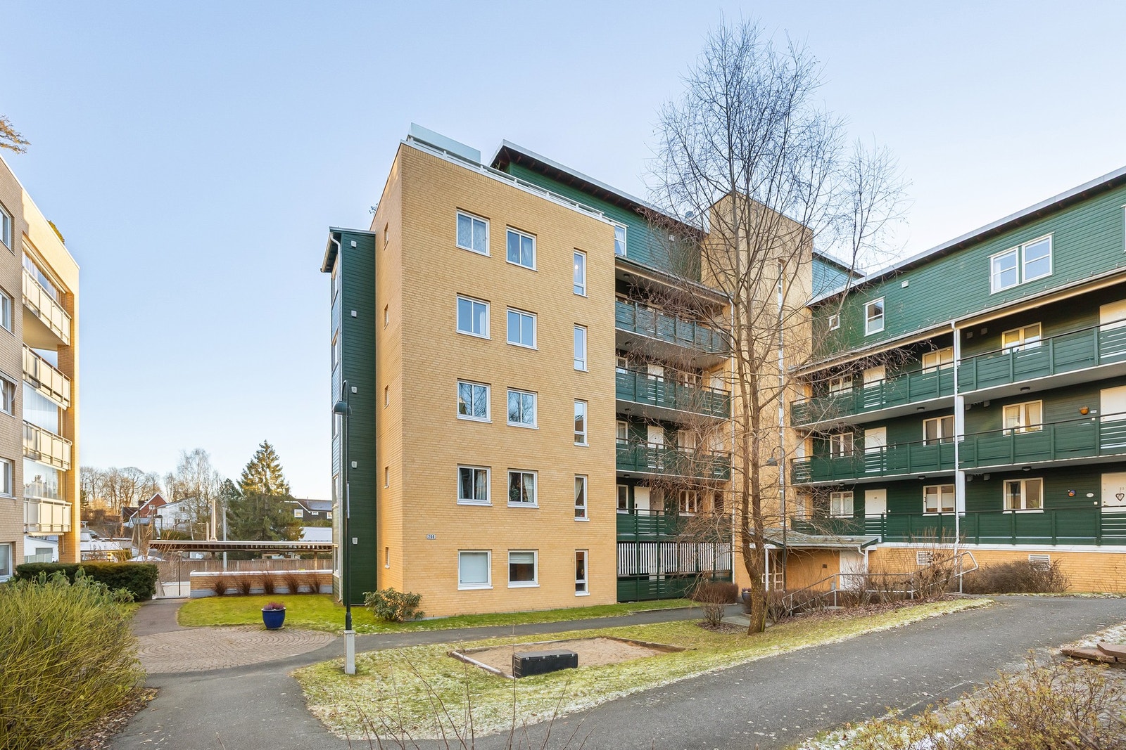 Inngang fra hyggelig felles, bilfritt tun som er pent beplantet, med asfalterte adkomstveier. Galleribilde