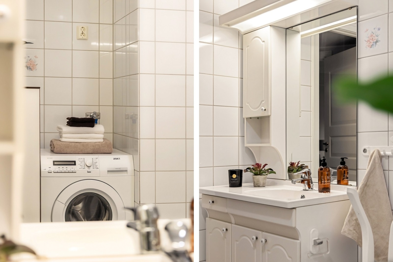 Rommet har opplegg for vaskemaskin, og varmtvannsbereder er plassert i skap ved siden av. Galleribilde