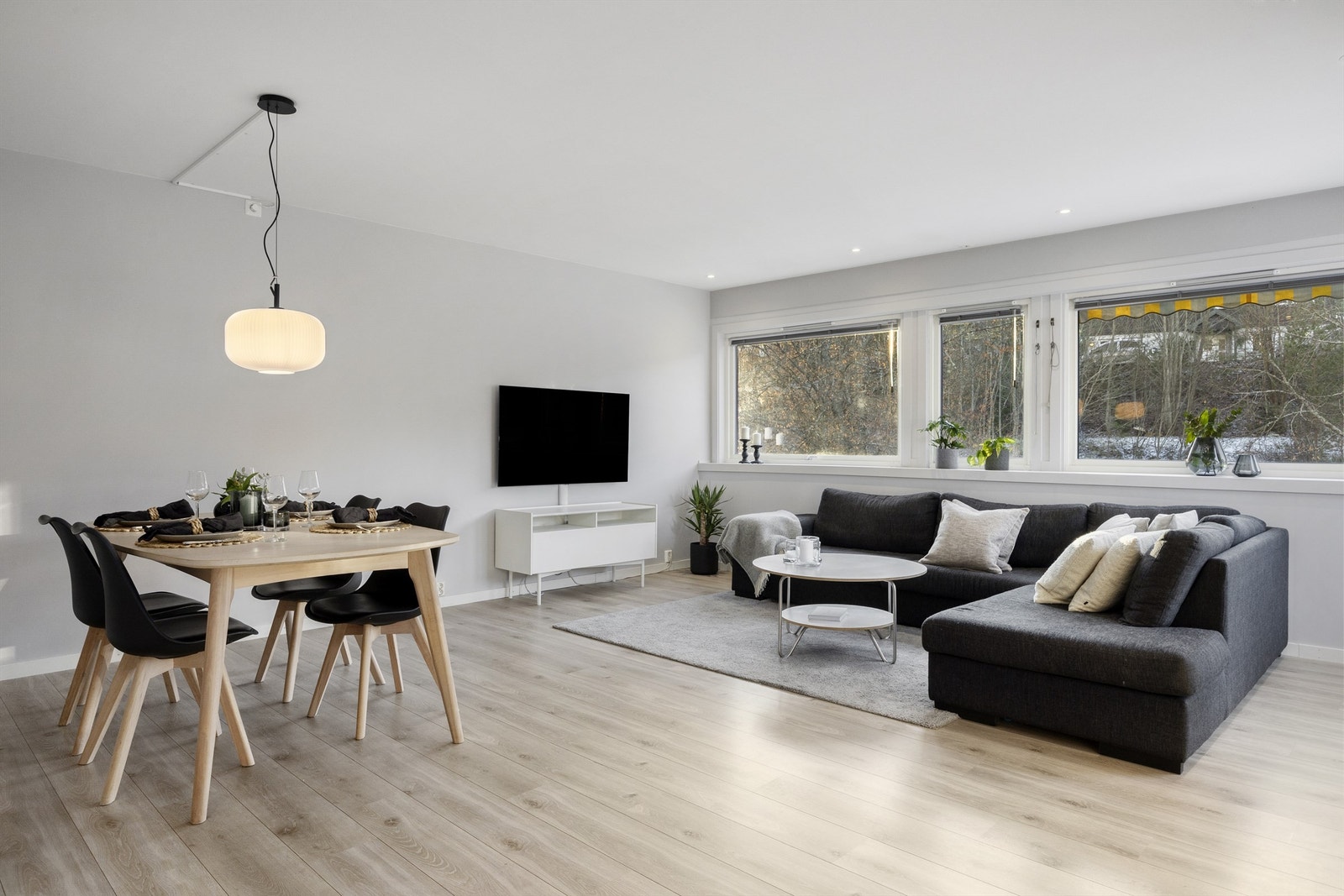 God plass til sofagruppe, spisestue og tilhørende møblement. Galleribilde