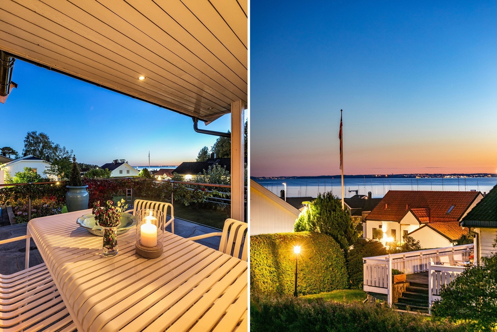 Under terrassens skjermende overbygg er det lunt og hyggelig på lyse sommerkvelder. Galleribilde