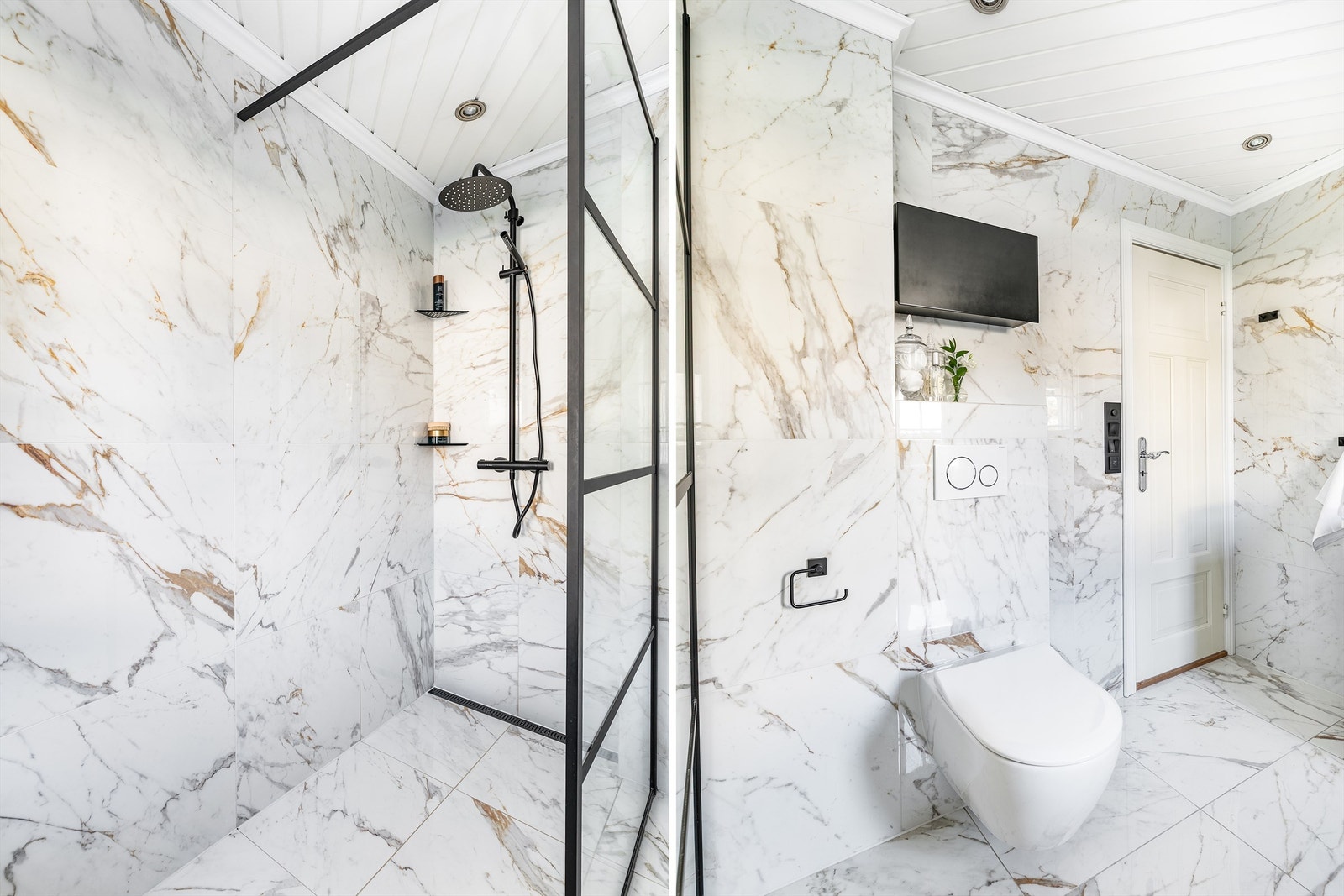 Marmorerte lyse fliser av storformat er lagt på både gulv og vegger. I gulvet er det naturligvis også varme. Galleribilde